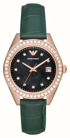 Emporio Armani Women's | Black Mother-of-Pearl Dial | Crystal Set | Green Leather Strap
