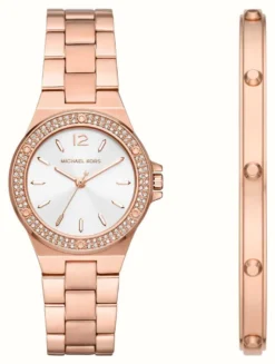Michael Kors Women's Lennox Giftset | Silver Dial | Crystal Set | Rose Gold Stainless Steel Bracelet
