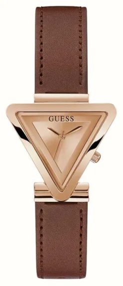 Guess Women's Rose Gold Triangular Dial Brown Leather Strap