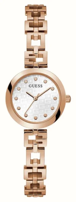 Guess Women's Silver Logo Dial Rose Gold Tone Stainless Steel Bracelet