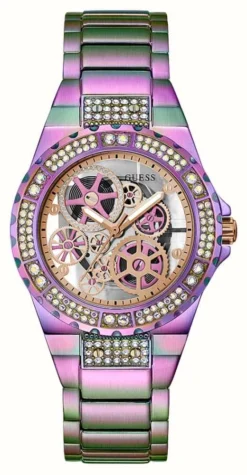 Guess Women's Skeleton Dial Iridescent Stainless Steel Bracelet