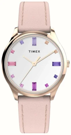 Timex Women's Main Street White Crystal Dial Pink Leather Strap
