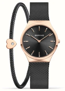 Bering Classic Polished Rose Gold Watch + Bracelet Gift Set