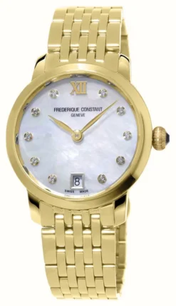 Frederique Constant Women's Classic Slimline (30mm) Mother-of-Pearl Dial / Gold Plated Stainless Steel Bracelet