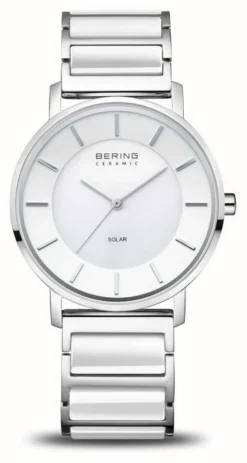 Bering Women's Solar (35mm) White Dial / Ceramic And Stainless Steel Bracelet