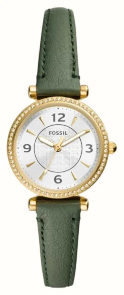 Fossil Carlie (28mm) Silver Dial / Green Leather Strap