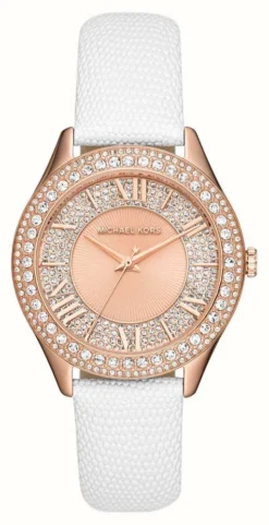 Michael Kors Harlowe (38mm) Rose Gold Crystal Dial / White Leather Strap