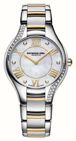 Raymond Weil Noemia Quartz (32mm) White Mother Of Pearl Diamond Set Dial / Stainless Steel And Gold PVD Bracelet