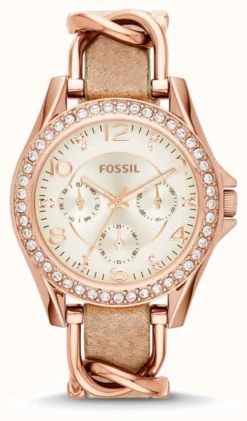 Fossil Women's Riley | Champagne Dial | Brown Leather And Rose Gold Strap