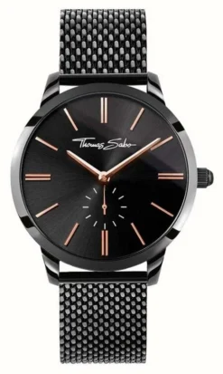 Thomas Sabo Womans Glam Spirit Black Steel Mesh Strap Black Dial
