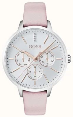 BOSS Silver Dial Day & Date Sub Dial Crystal Set Pink Leather