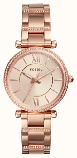 Fossil Women's Carlie | Rose Gold Dial | Crystal Set | Rose Gold Stainless Steel Bracelet