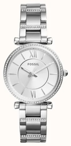 Fossil Women's Carlie | Silver Dial | Crystal Set | Stainless Steel Bracelet