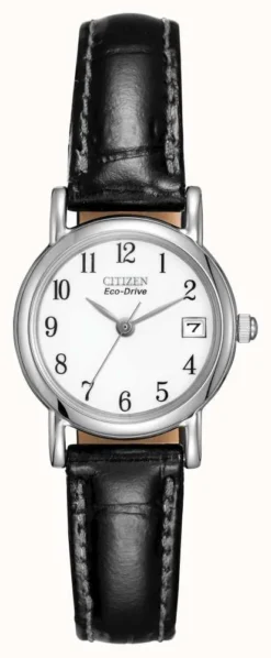 Citizen Women's White Dial Black Leather Strap Eco-Drive