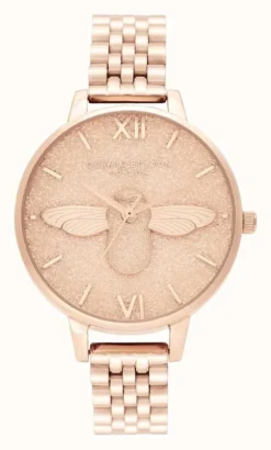 Olivia Burton | Women's | Glitter Dial | 3D Bee | Rose Gold Bracelet |