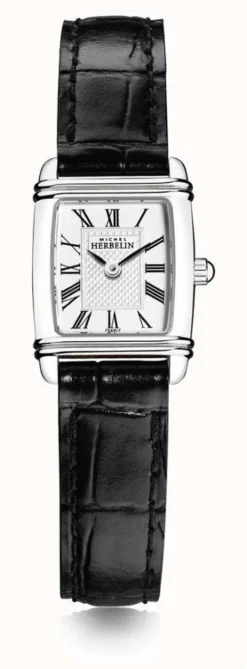 Herbelin Women's Mini Art Deco | Black Leather Strap | White Dial