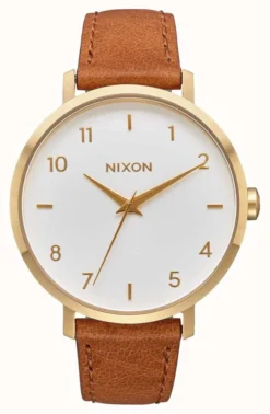 Nixon Arrow Leather | Gold / White / Saddle | Brown Leather Strap | White Dial