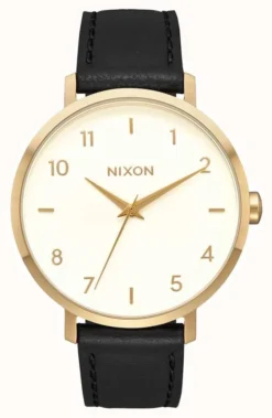 Nixon Arrow Leather | Gold / Cream / Black | Black Leather Strap | Cream Dial