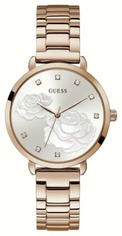 Guess Sparkling Rose | Women's Rose Gold Plated Steel Bracelet | Silver Dial