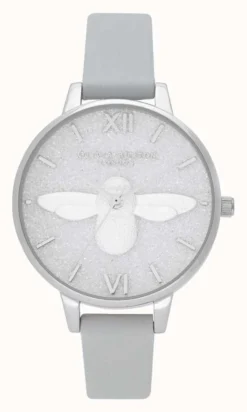 Olivia Burton Glitter Dial 3D Bee Silver Grey Leather Strap