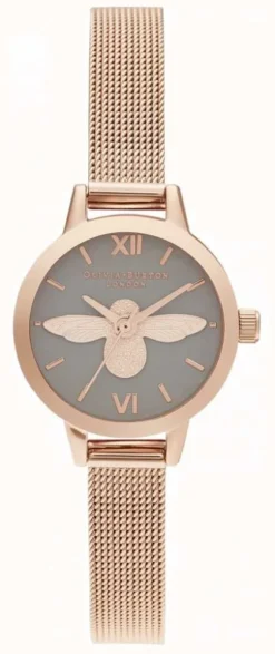 Olivia Burton Women's 3D Bee Grey Dial & Rose Gold Mesh Watch