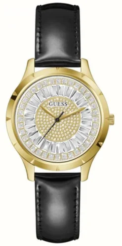 Guess GLAMOUR Women's Crystal Dial Black Leather Strap Watch