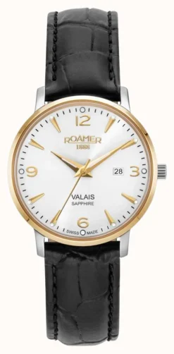Roamer Valais Ladies Silver Dial With Yellow Gold Batons Black Leather Strap