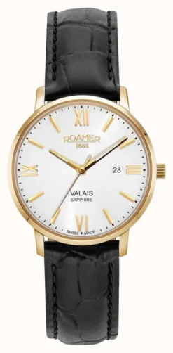 Roamer Valais Ladies Silver Dial With Yellow Gold Case Black Leather Strap