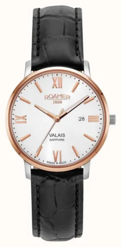 Roamer Valais Ladies Silver Dial With Rose Gold Batons Black Leather Strap