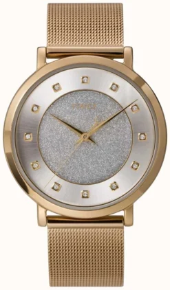 Timex Women's Celestial Opulence 38mm Gold-tone Case Silver-tone Glitter Dial With Crystal Markers And Gold-tone Mesh Bracelet