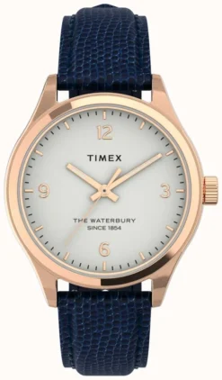 Timex Women's Waterbury Rose-Gold Tone Case And Navy Strap