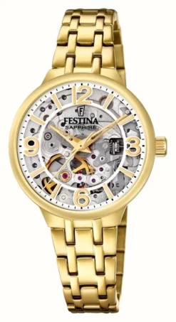 Festina Ladies Gold-pltd.Skeleton Automatic Watch W/Bracelet