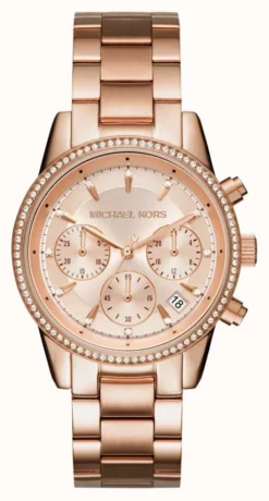 Michael Kors Women's Ritz Rose-Gold Toned Crystal Set Chronograph