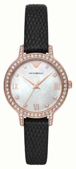 Emporio Armani Women's | Mother-of-Pearl Dial | Black Leather Strap